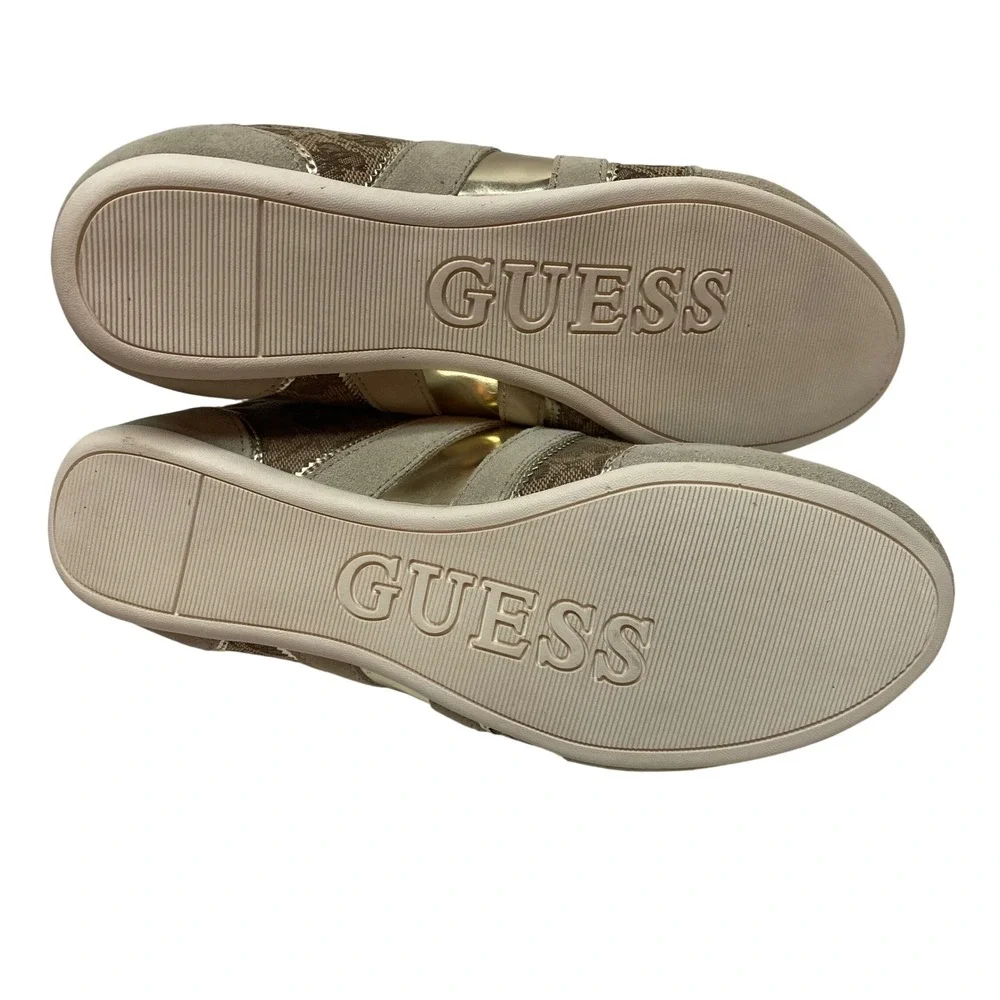 GUESS Womens‎ Monogram Suede Sneakers Tan Gold Lace Up Low Top Shoes 10 NIB